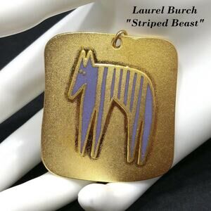 Vintage Laurel Burch "STRIPED BEAST" Large Pendant, Satin Finish, Gold Plated